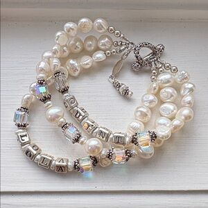 NWT Swarovski crystal Sterling Silver 3-strand Freshwater Pearl name bracelet